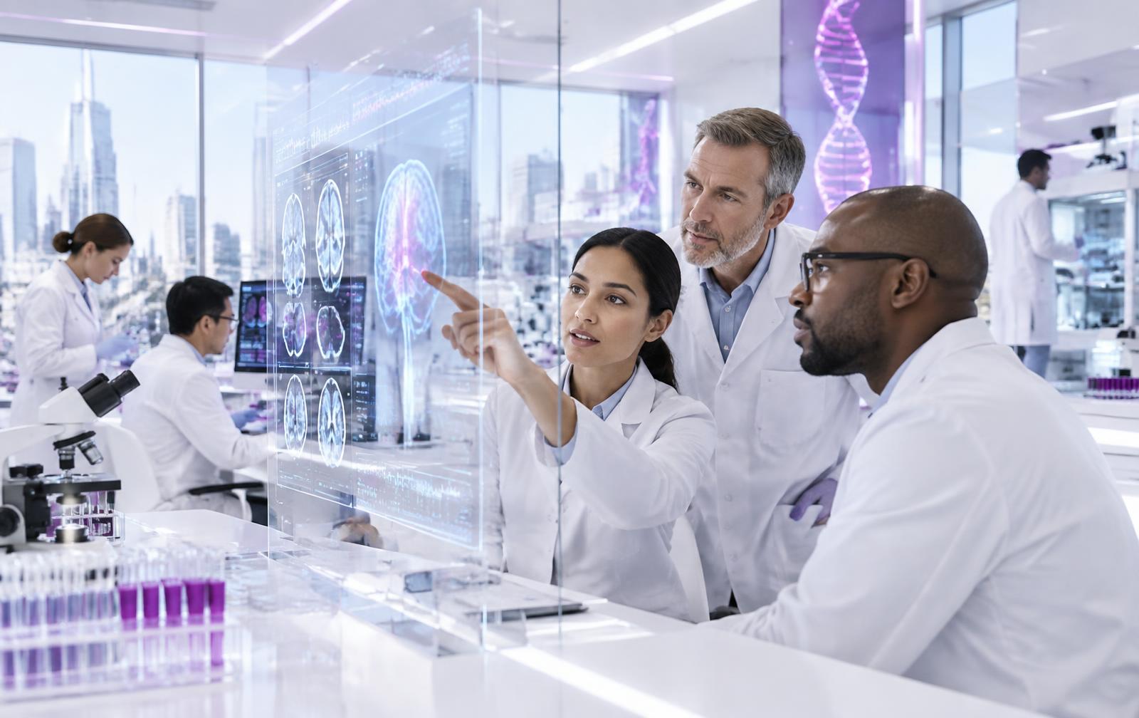 Medical researchers collaborating in an advanced laboratory